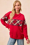 BiBi Christmas Theme Plaid Block Sweatshirt with Binding - DAVERRI FASHIONS
