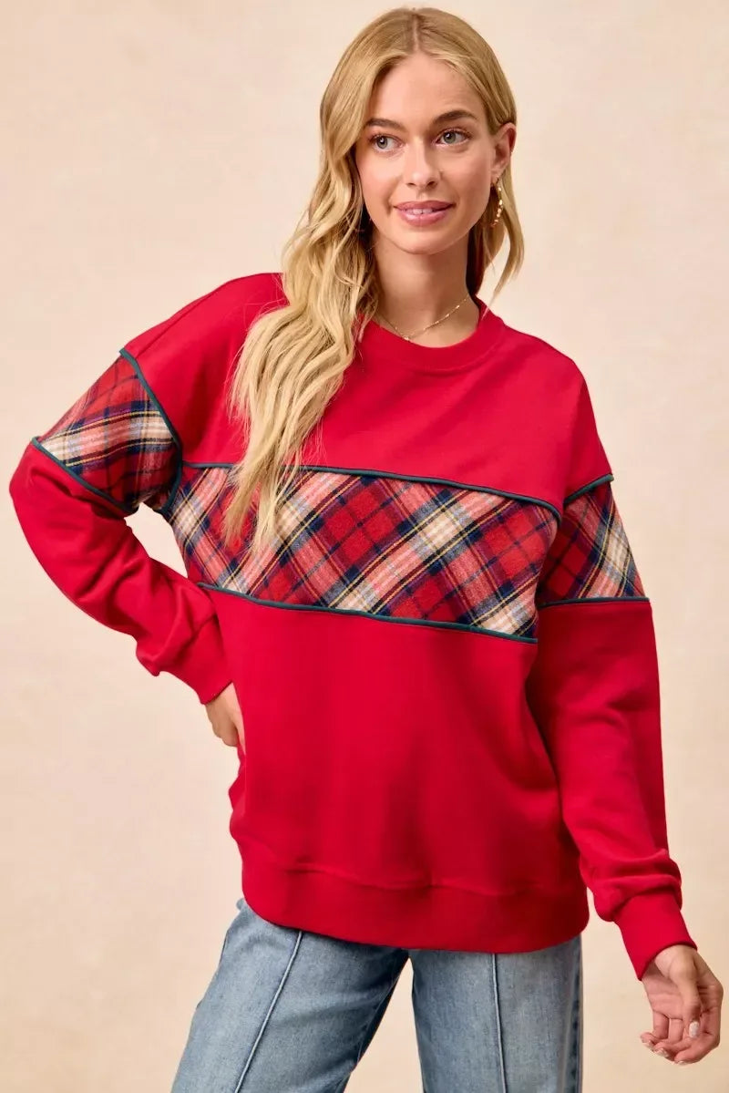 BiBi Christmas Theme Plaid Block Sweatshirt with Binding - DAVERRI FASHIONS