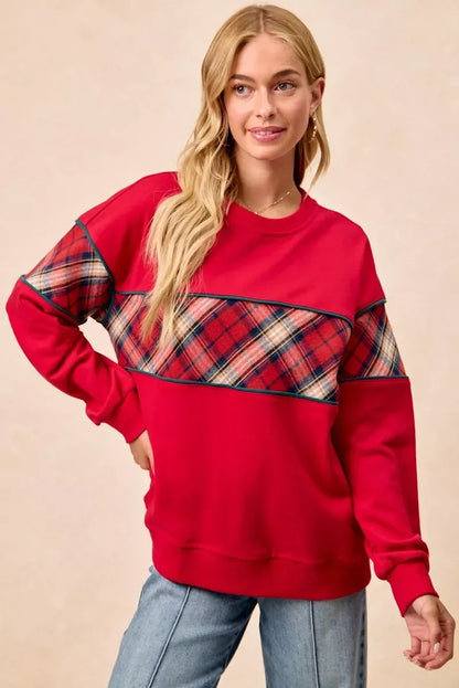 BiBi Christmas Theme Plaid Block Sweatshirt with Binding - DAVERRI FASHIONS