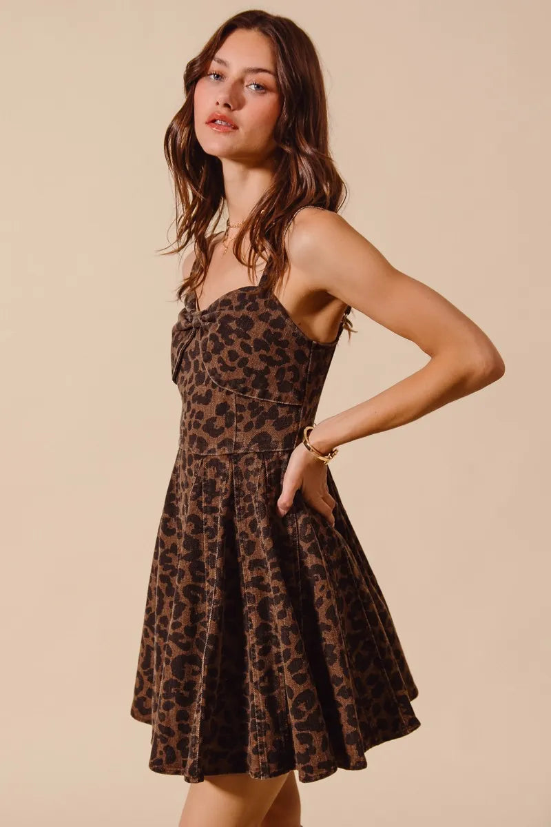 SO ME Mineral Washed Leopard Flare Cami Dress Mini Dresses