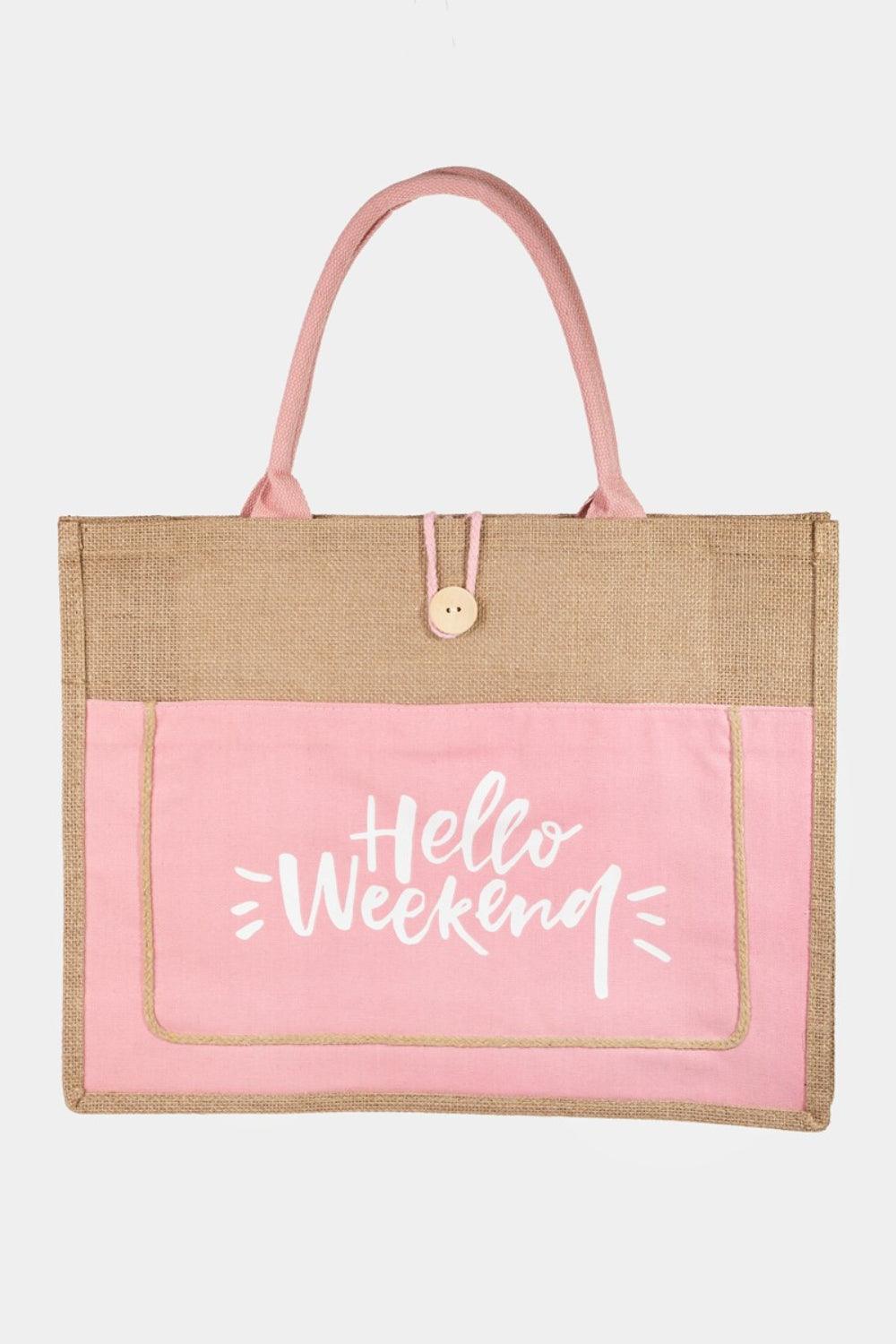 Hello Weekend Burlap Tote Bag Pink One Size Handbags