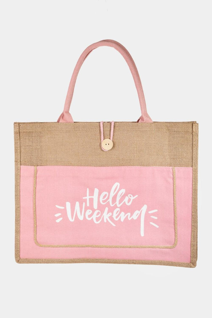 Hello Weekend Burlap Tote Bag Pink One Size Handbags