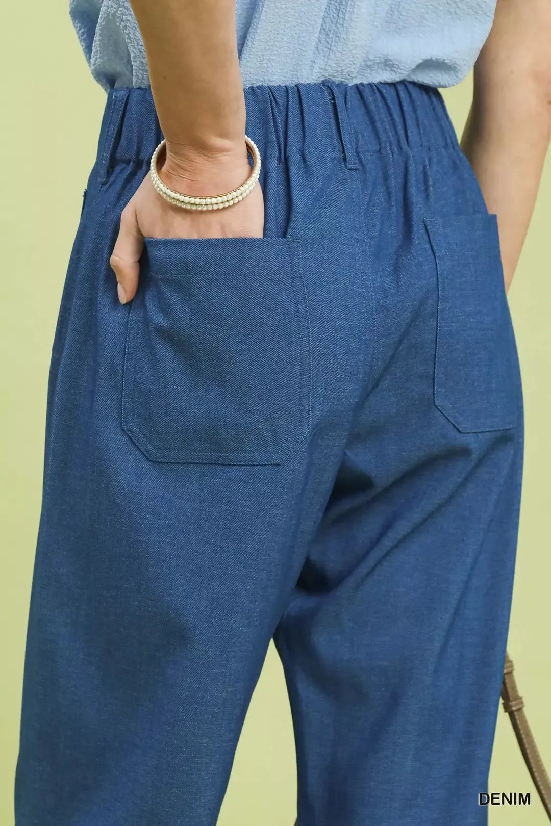 Umgee denim wide leg crop pants with front pockets, relaxed blue fit