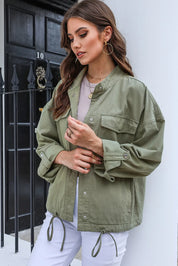 Drawstring Snap Down Dropped Shoulder Denim Jacket | Denim Jackets Daverri Fashions