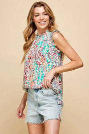 Lime 'N' Chili Full Size Graphic Print Ruffle Trim Mock Neck Sleeveless Top Plus Size | Tops Daverri Fashions