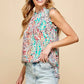 Lime 'N' Chili Full Size Graphic Print Ruffle Trim Mock Neck Sleeveless Top Plus Size