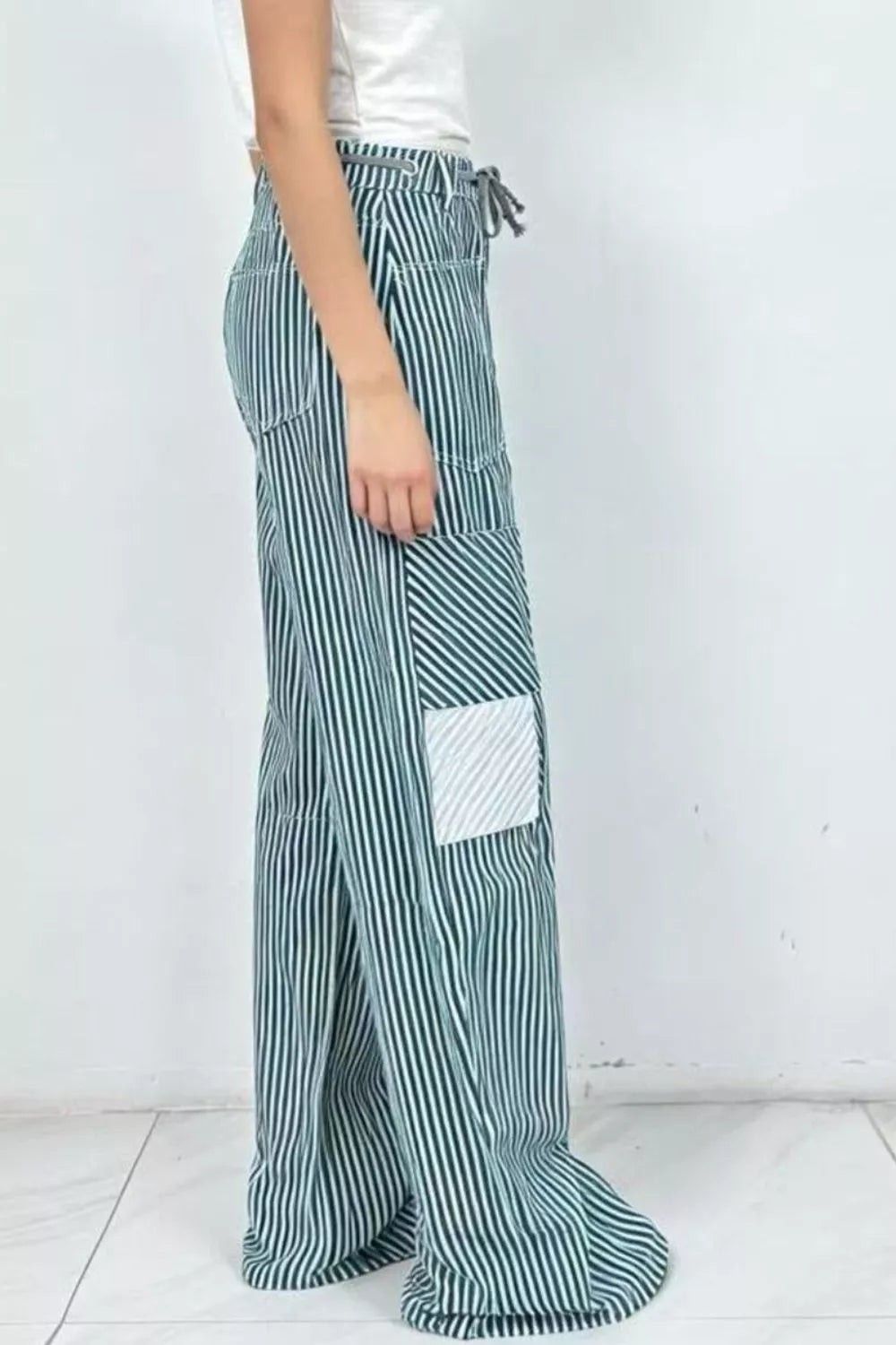 Daverri Striped Wide-Leg Pants in teal and white with patch pocket