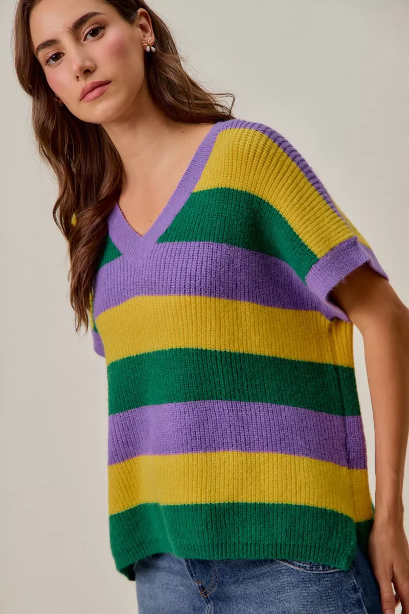 Vibrant purple, green, yellow striped SO ME Mardi Gras V-neck sweater