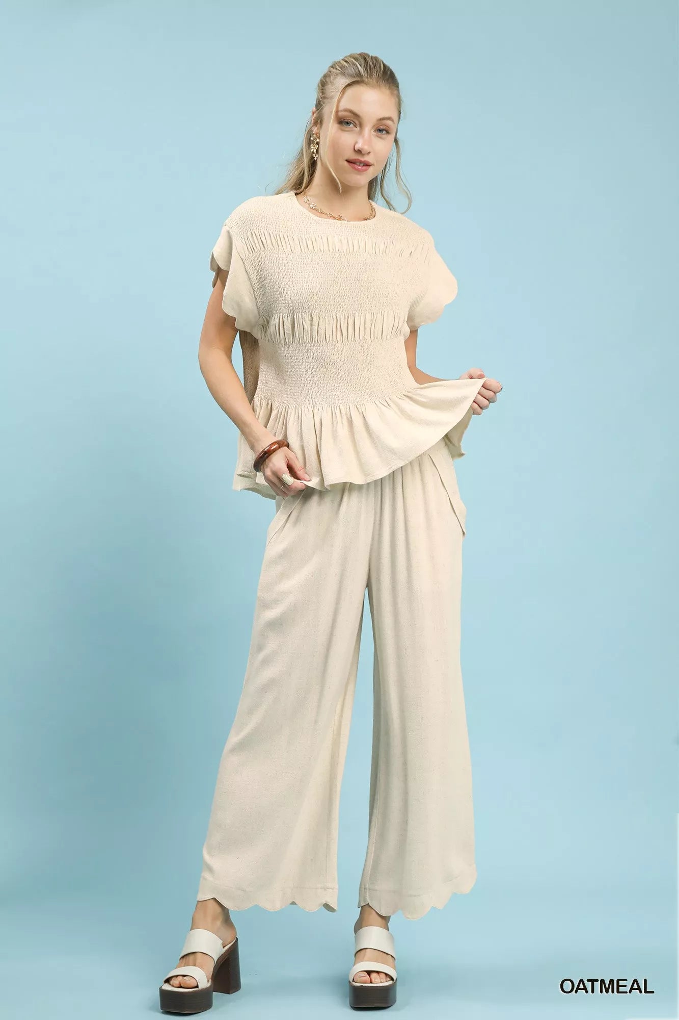 Umgee Linen Blend Scallop Hem Wide Leg Pants | Pants Daverri Fashions