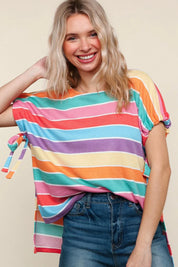 Feeling Bold Multicolor Stripe Dolman Bow Tie Sleeve Top | Daverri Fashions