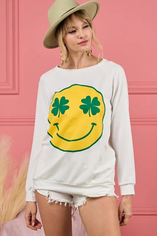 BiBi Smile Face Graphic Round Neck Long Sleeve Top | Tops Daverri Fashions