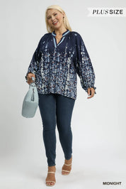 Umgee Midnight Floral Vine Print Blouse with Balloon Sleeves Plus Size | Blouses Daverri Fashions