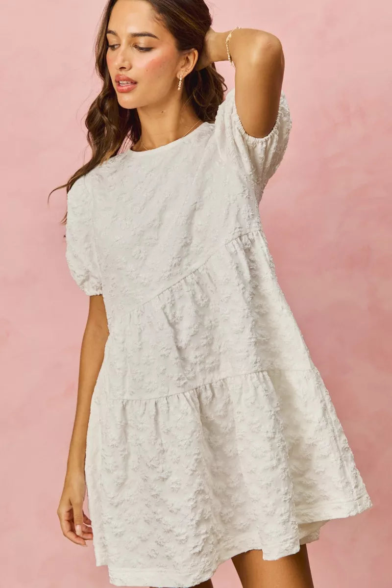 White SO ME floral jacquard diagonal tiered short mini dress with lace sleeves