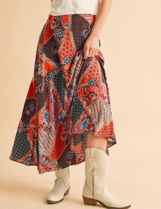Orange Black Aemi + Co Printed Maxi Skirt | Skirts Daverri Fashions