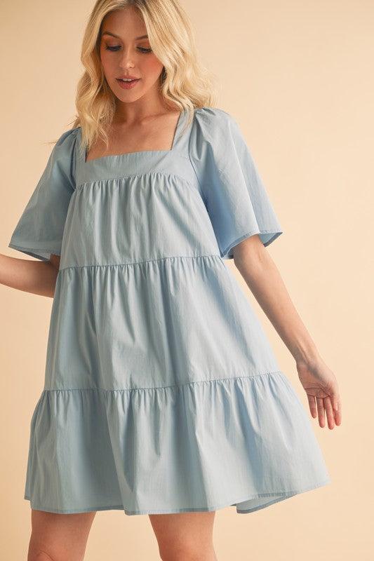 Aemi + Co Square Neck Half Sleeve Tiered Dress - DAVERRI FASHIONS