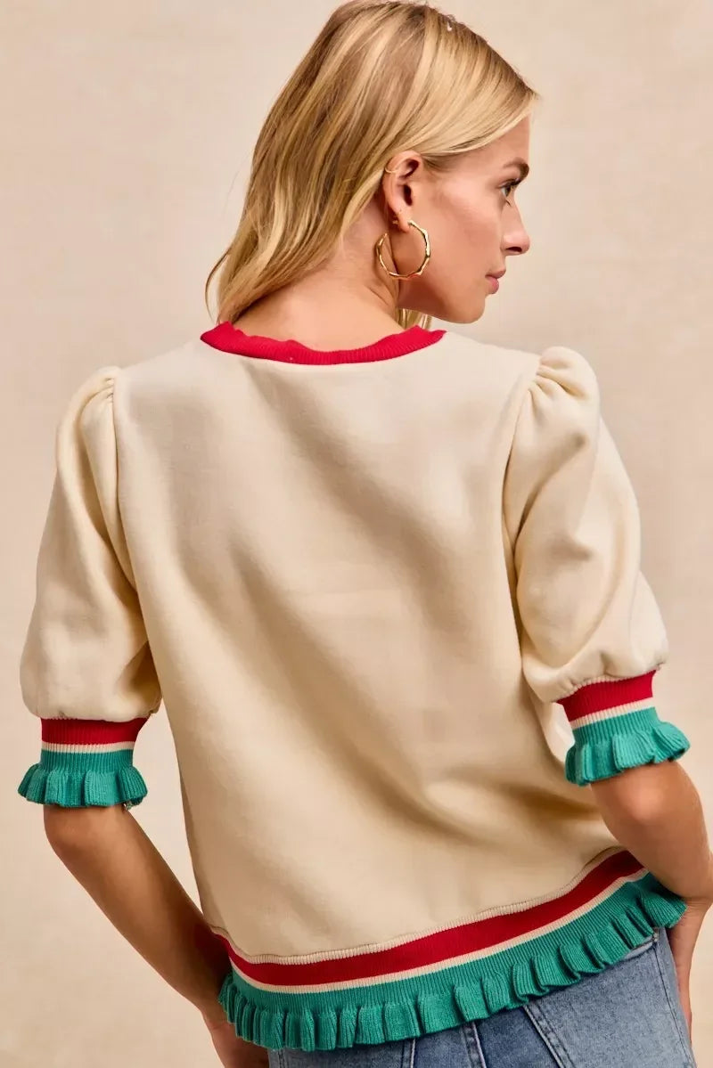 BiBi Christmas Merry Letter Patches Contrast Banded Top - DAVERRI FASHIONS