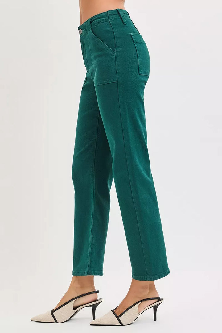 RISEN High Rise Ankle Flare Patch Pocket Jeans | Daverri Fashions