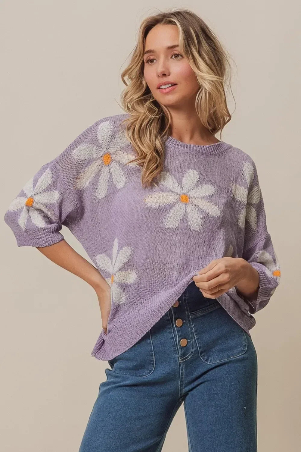 BiBi Floral Pattern Slit Sweater Lavender - DAVERRI FASHIONS