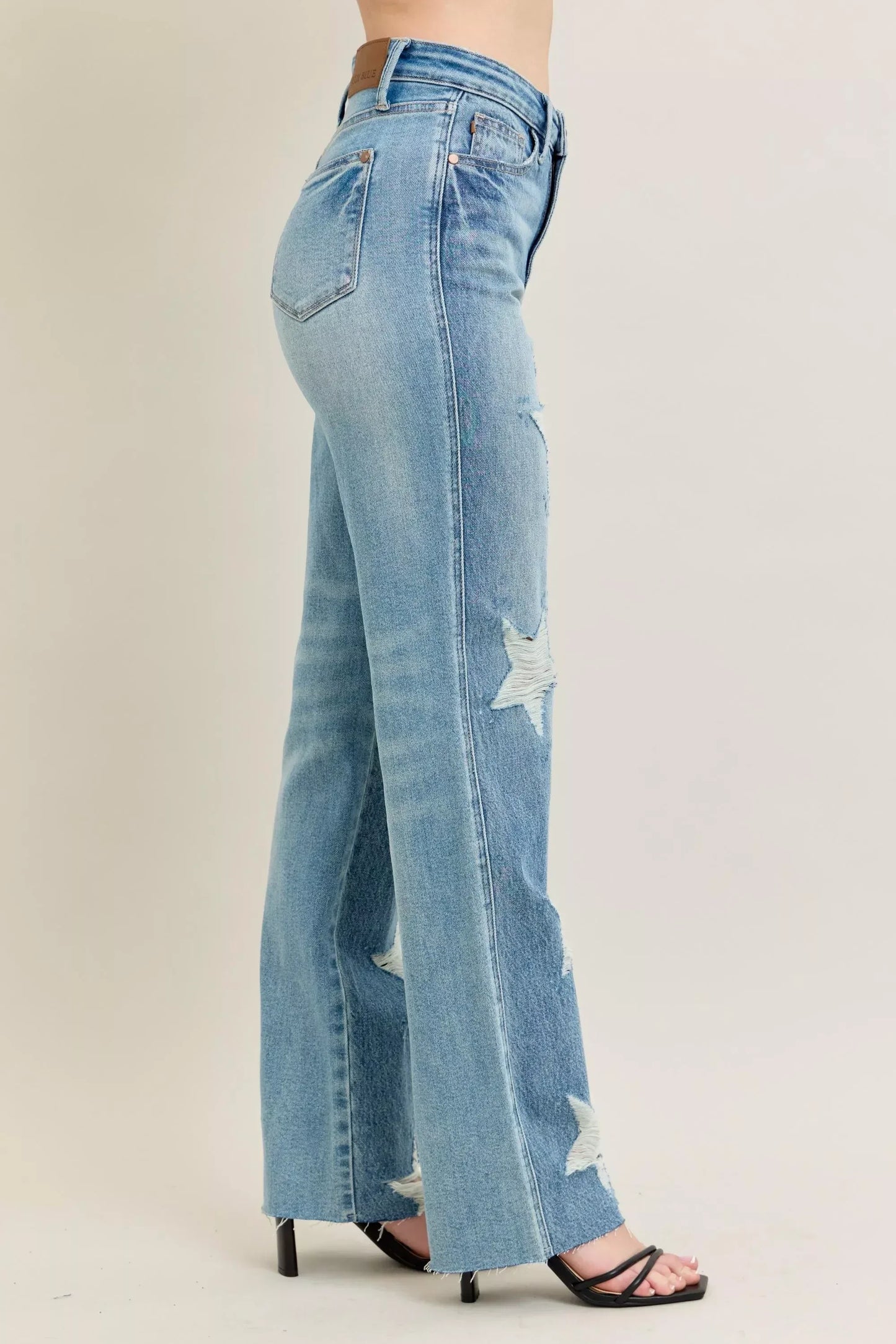 Judy Blue Full Size High Waist Rigid Magic Star Shaped Destroy 90's Straight Jeans Plus Size - DAVERRI FASHIONS