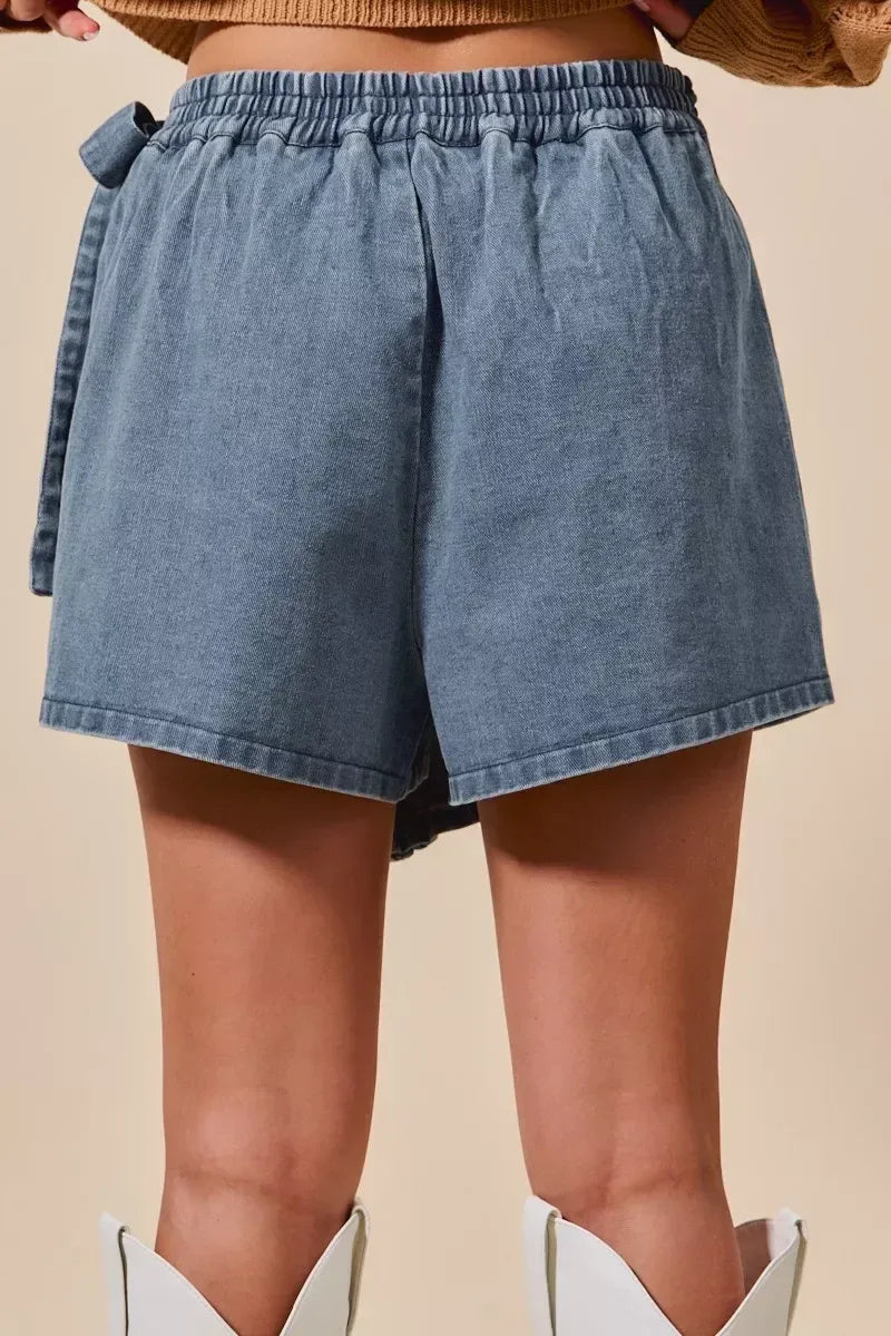 SO ME Wrap Braided Trimmed Denim Skort - DAVERRI FASHIONS
