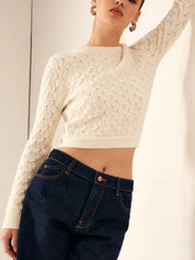 Cutout Bow Back Texture Round Neck Sweater | Sweaters Daverri Fashions