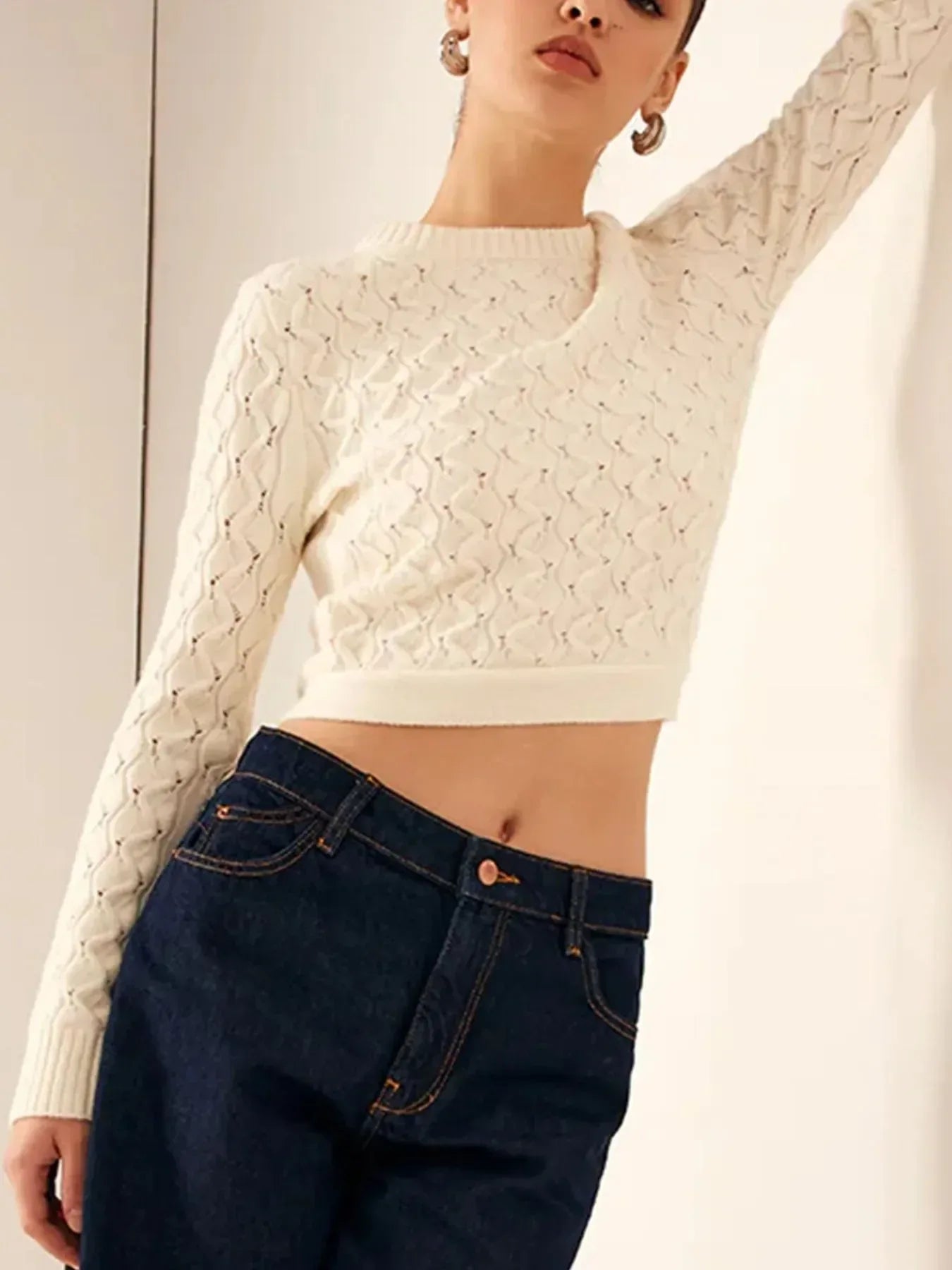 Cutout Bow Back Texture Round Neck Sweater - DAVERRI FASHIONS