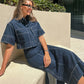 High-Waist Side Slit Contrast Stitch Denim Maxi Skirt - DAVERRI FASHIONS