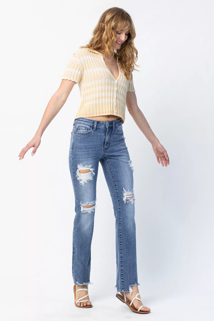 Judy Blue Full Size Mid Rise Destroy Straight Jeans Plus Size | Jeans Daverri Fashions