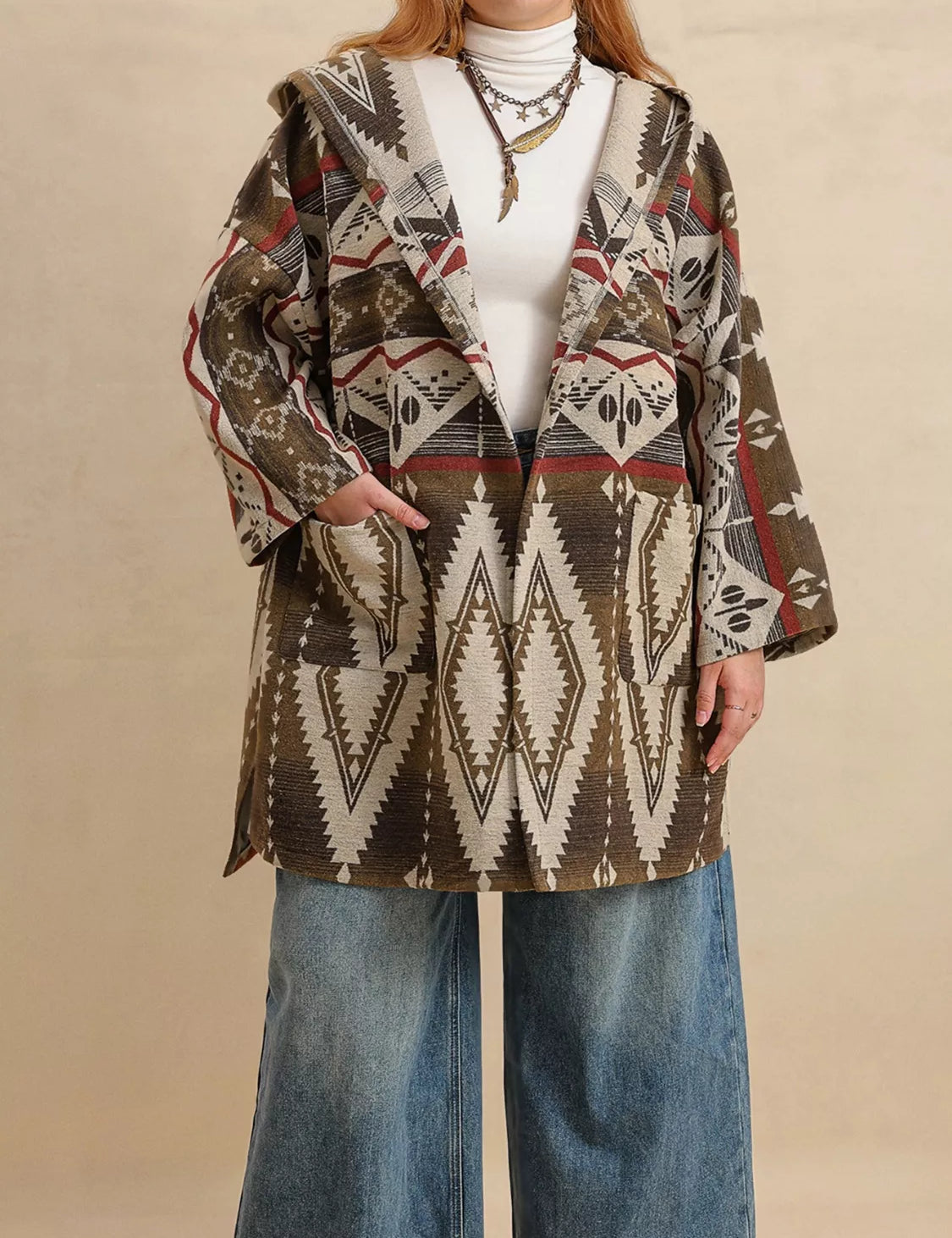 Plus size Aztec print hooded open front cardigan in brown beige red black