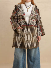 Plus size Aztec print hooded open front cardigan in brown beige red black