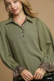 Umgee Half Button Blouse with Leopard Print Trim | Blouses Daverri Fashions