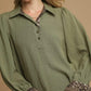Umgee Half Button Blouse with Leopard Print Trim - DAVERRI FASHIONS