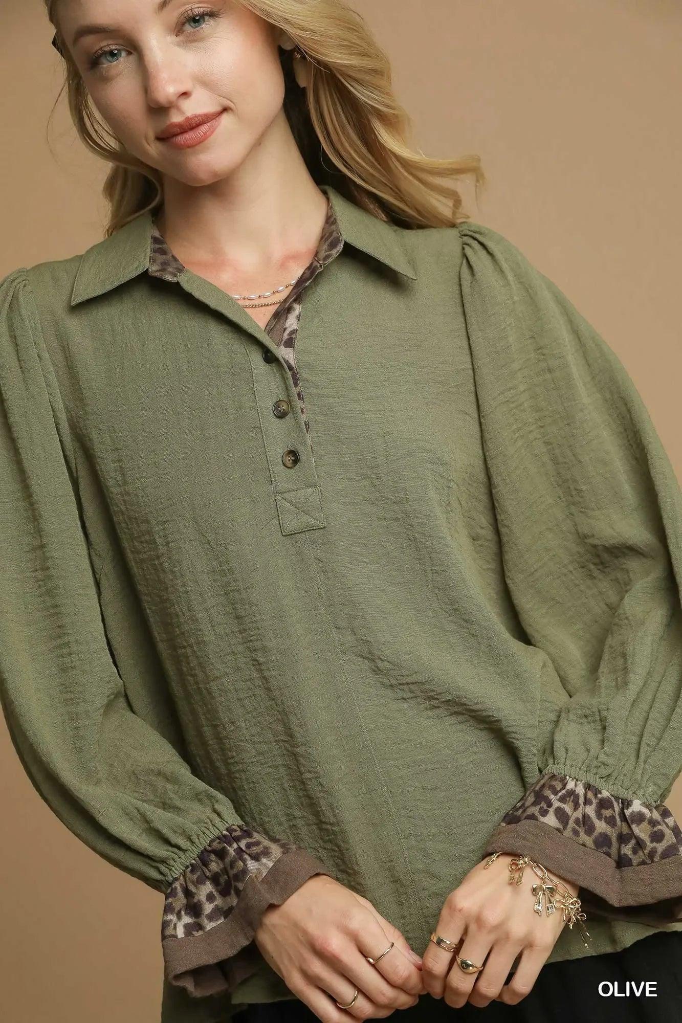 Umgee Half Button Blouse with Leopard Print Trim - DAVERRI FASHIONS