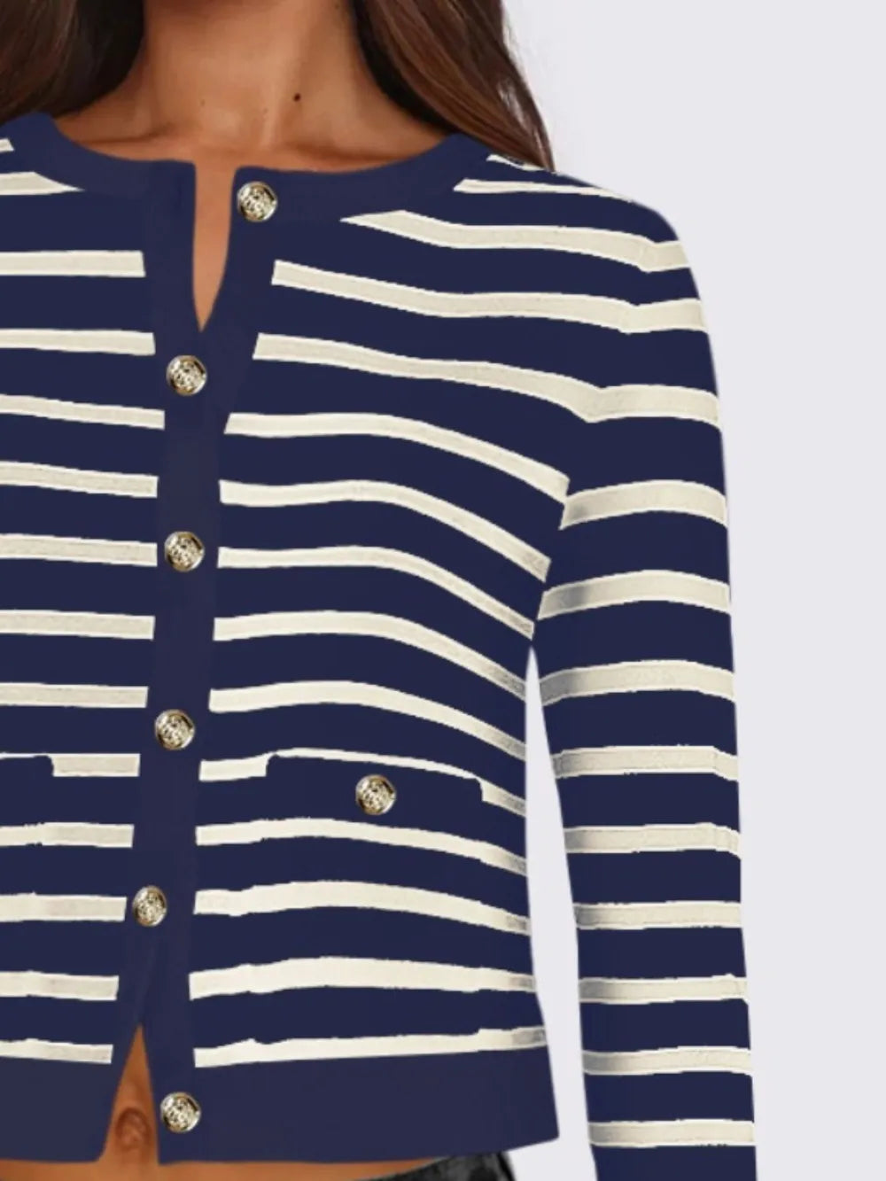 Striped Round Neck Button Up Long Sleeve Cardigan | Cardigans Daverri Fashions