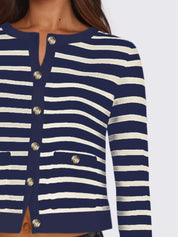 Striped Round Neck Button Up Long Sleeve Cardigan | Cardigans Daverri Fashions