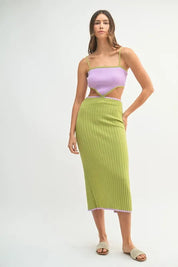 MABLE Lime Ribbed Knit Color Block Cutout Midi Dress | Midi Dresses Daverri Fashions