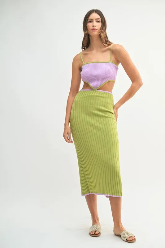 MABLE Lime Ribbed Knit Color Block Cutout Midi Dress Midi Dresses
