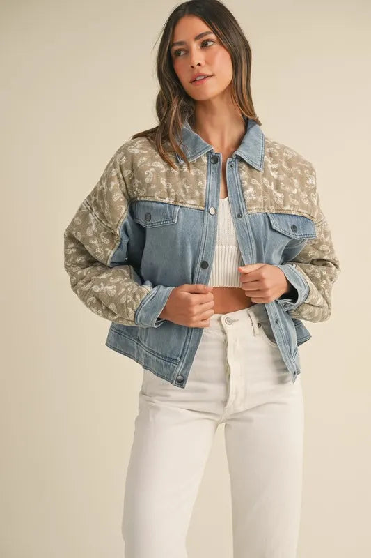 MABLE Quilted Paisley Print Contrast Denim Jacket
