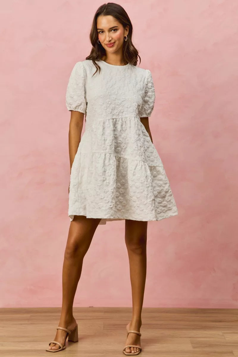 Delicate white lace SO ME floral jacquard diagonal tiered short mini dress