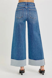 RISEN Full Size Tummy Control High Rise Crop Wide Cuffed Jeans Plus Size | Daverri Fashions