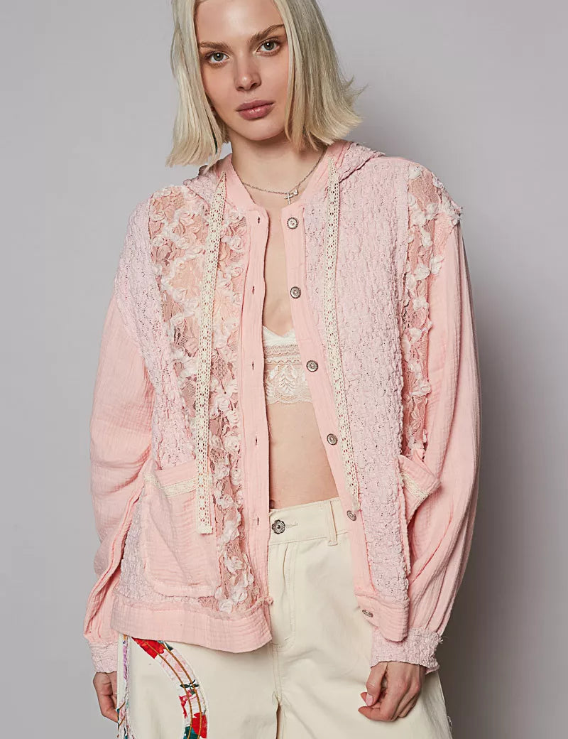 POWDER PINK POL Exposed Seam Button Down Hooded Jacket with Lace Detail | Jackets Daverri Fashions