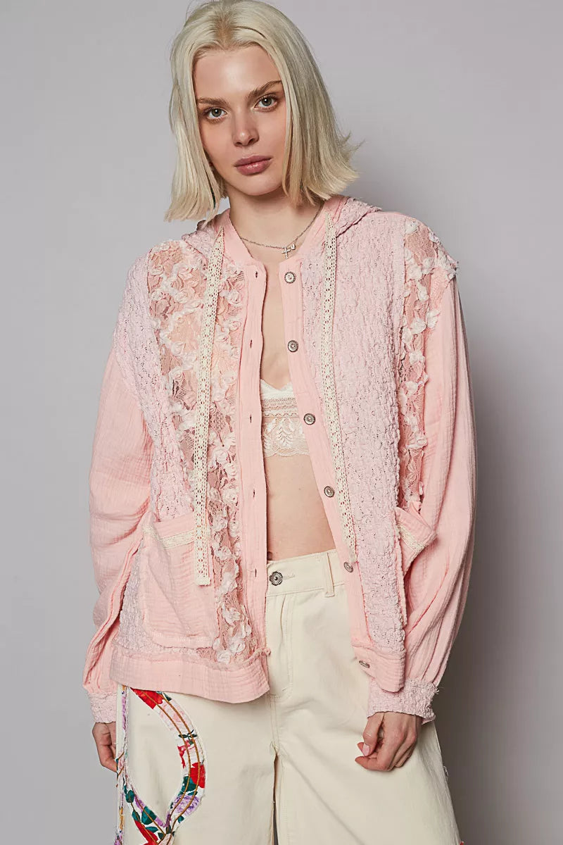 POWDER PINK POL Exposed Seam Button Down Hooded Jacket with Lace Detail | Jackets Daverri Fashions