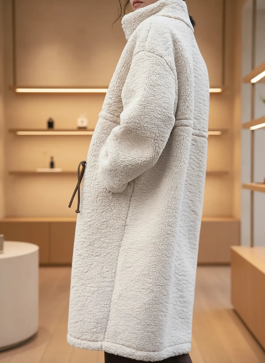 Cozy plus size drawstring zip-up turtleneck sherpa coat
