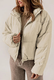 Beige zip-up collared puffer jacket with hood for winter warmth