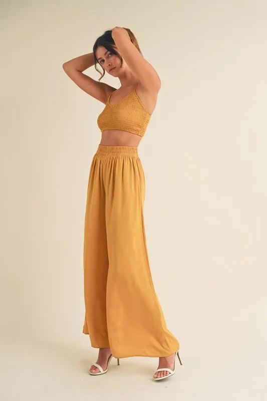 MABLE Smocked Bralette Crop Top and Wide Leg Pants Set Outfit Sets
