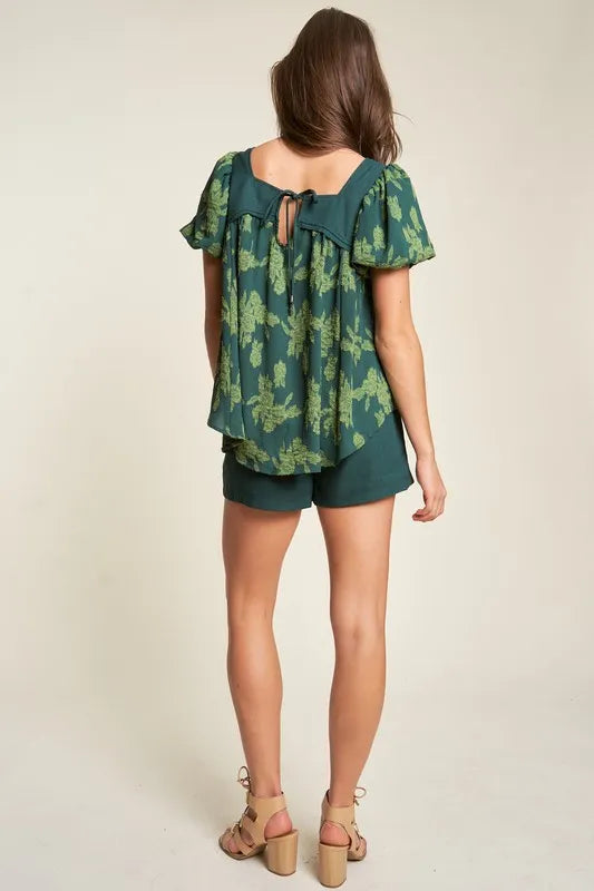 Davi & Dani Nature Printed Square Neck Puff Sleeve Blouse