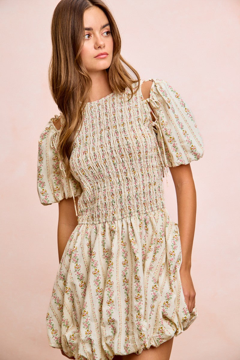 BiBi Floral Bow Tie Attachable Puff Sleeves Dress, cream floral print