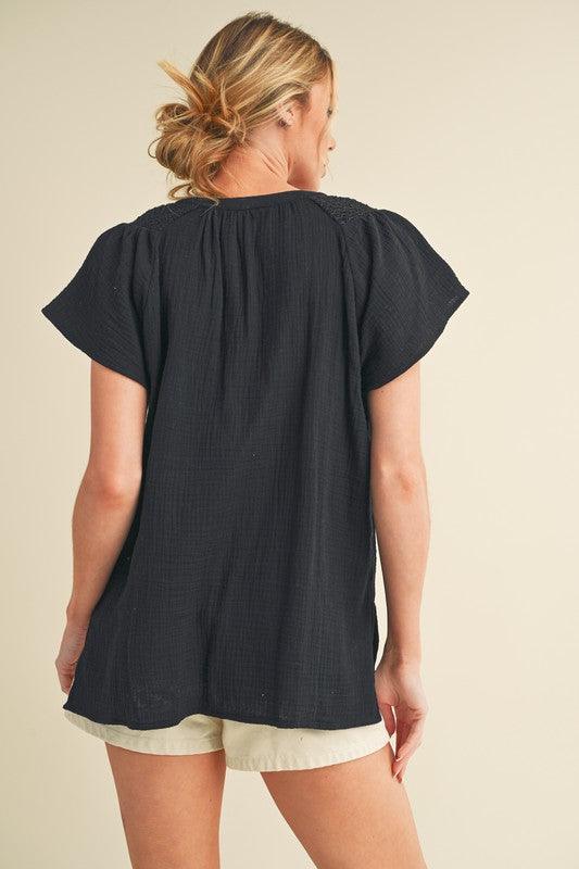 Aemi + Co Embroidered Trim Side Slit Notched Short Sleeve Blouse Blouses