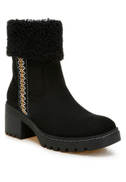 Black Woolly Faux Fur & Embroidery Detail Boots | Boots Daverri Fashions