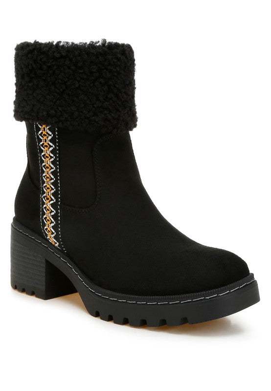 Black Woolly Faux Fur & Embroidery Detail Boots | Boots Daverri Fashions